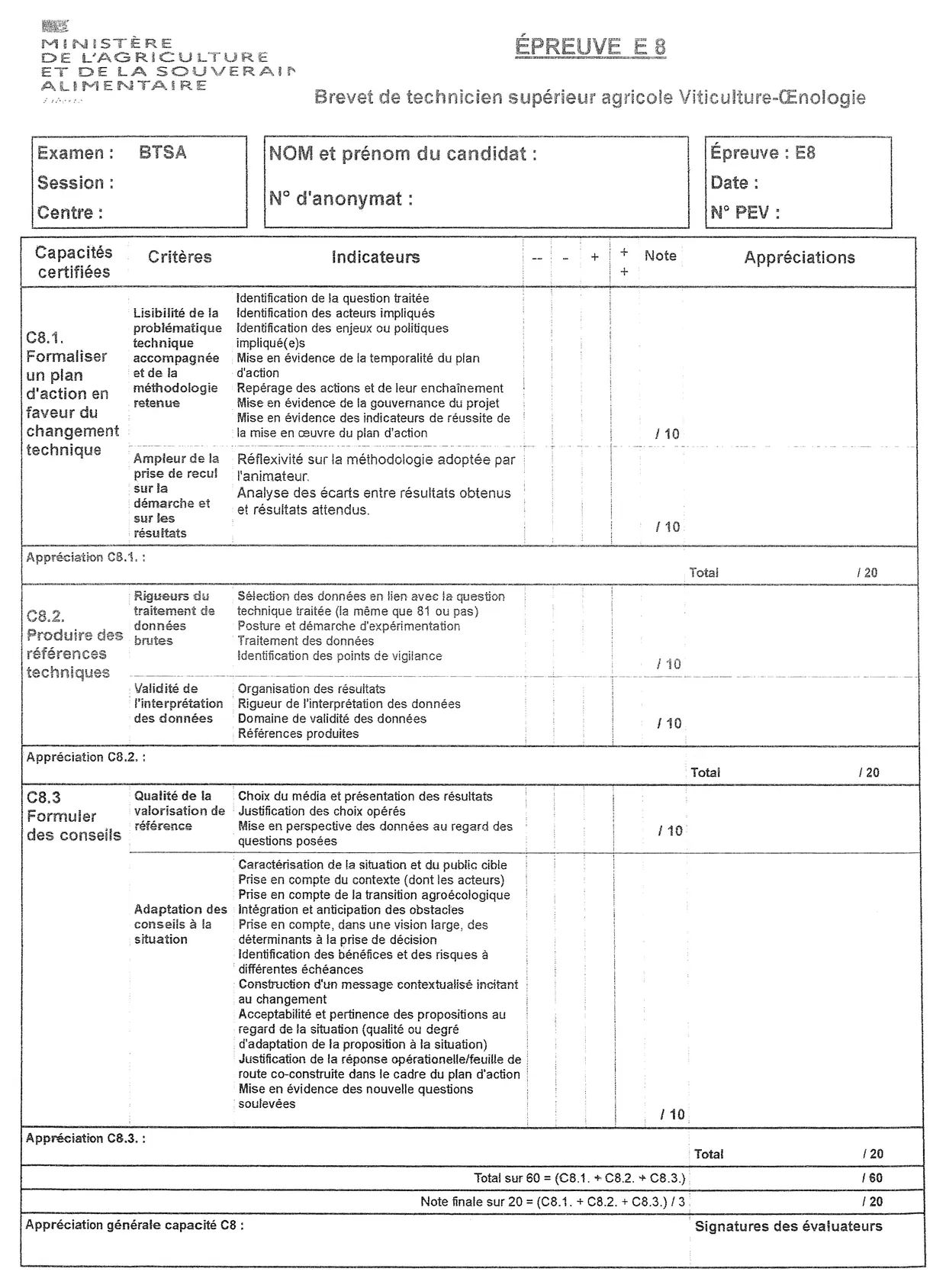Grille d’évaluation de l’épreuve E8 : capacités C8.1, C8.2 et C8.3, critères, indicateurs, notes et appréciations