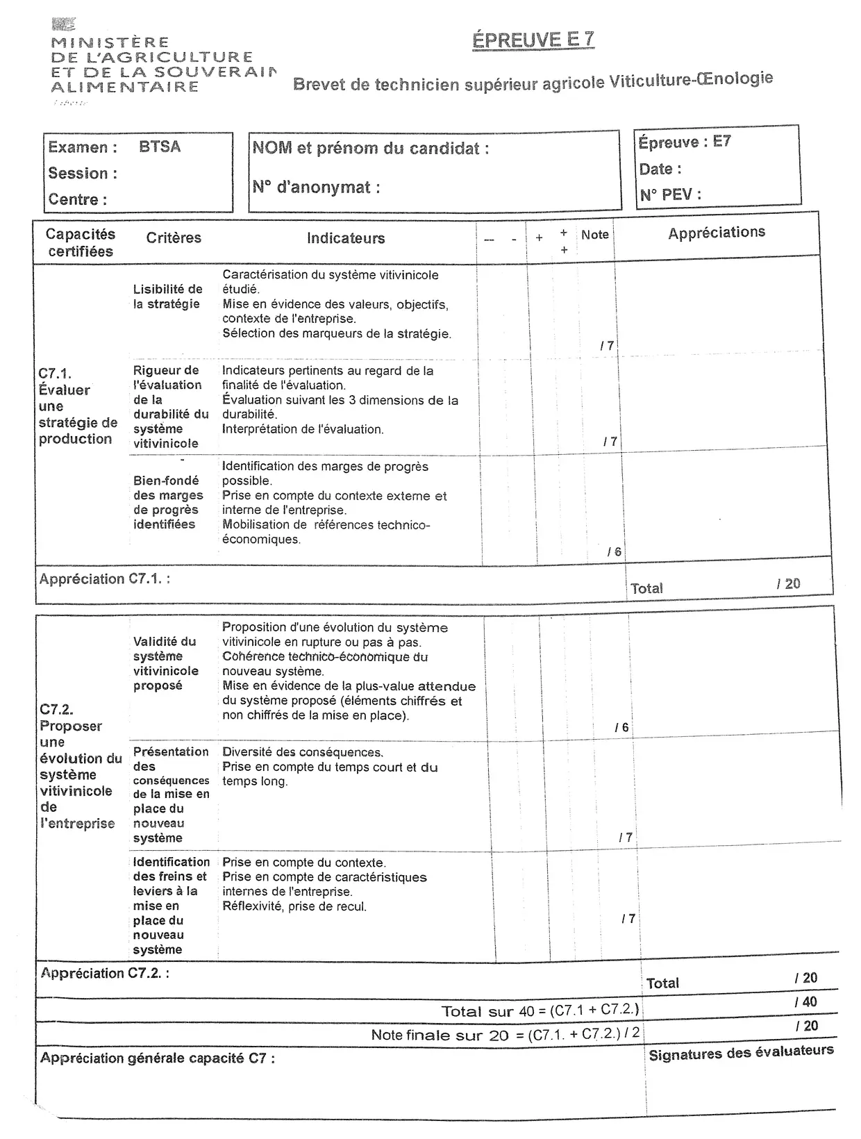 Grille d’évaluation de l’épreuve E7 : capacités C7.1 et C7.2, critères, indicateurs, notes et appréciations