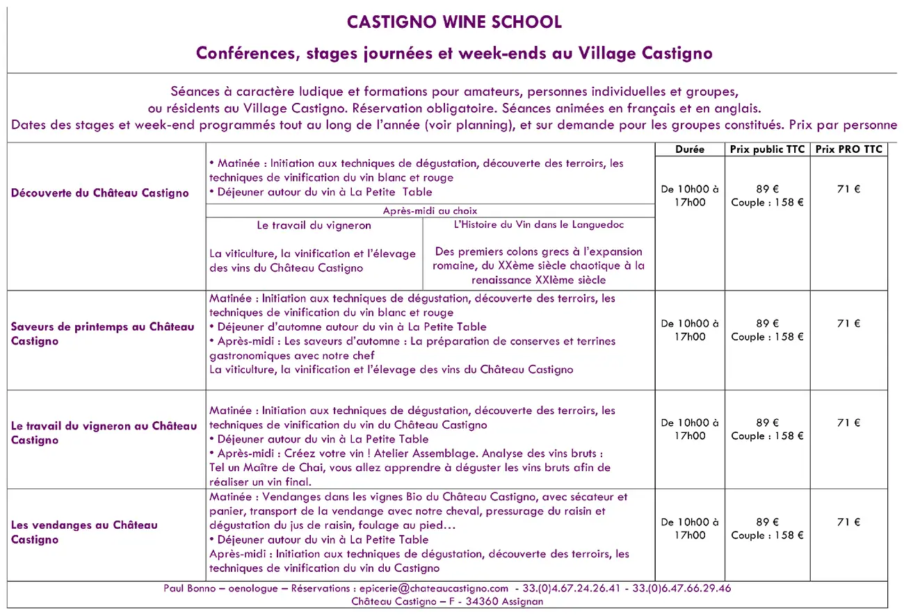 Grille des stages et week-ends au Village Castigno (2018)