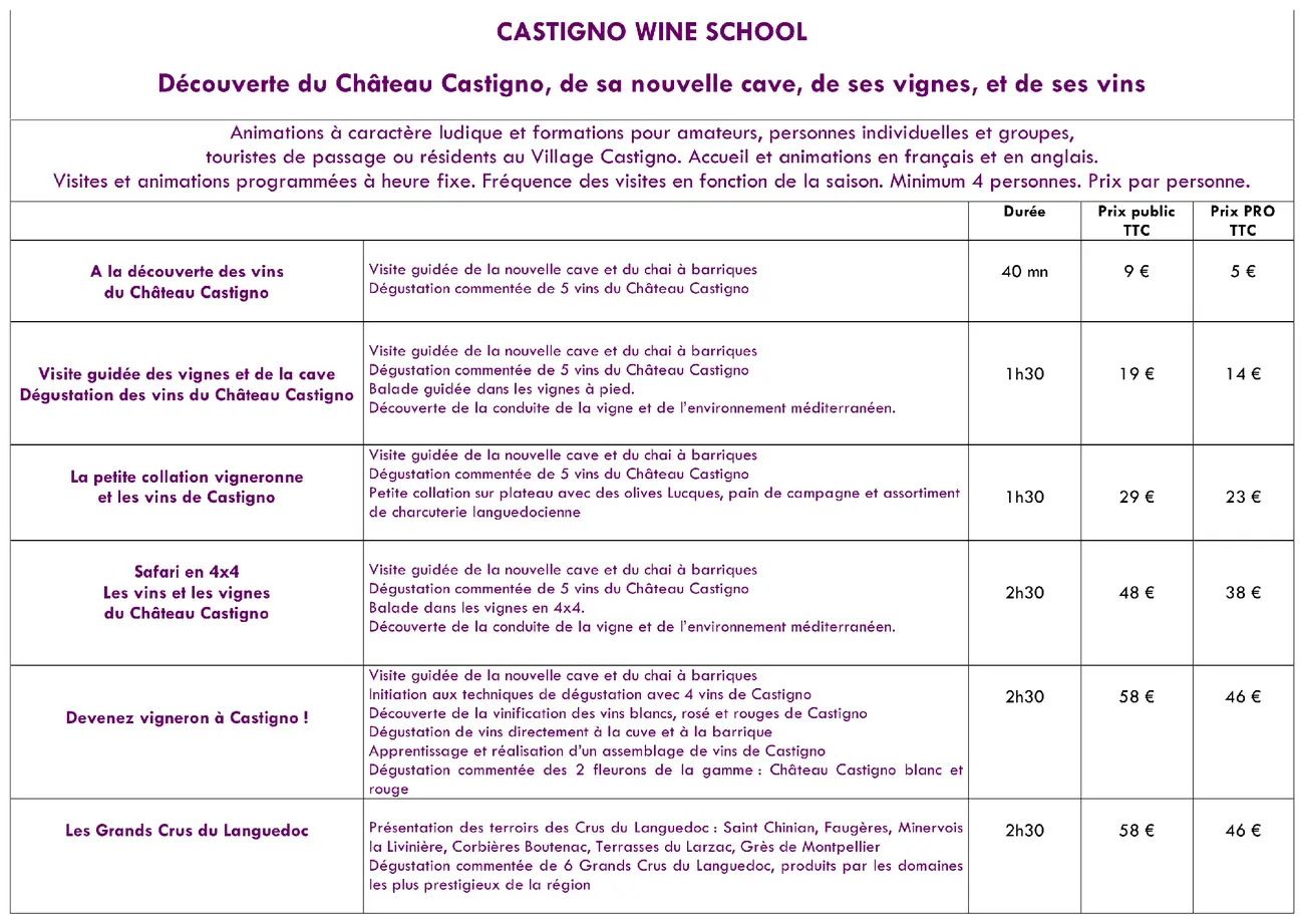 Grille des prestations de découverte du Château Castigno (2018)